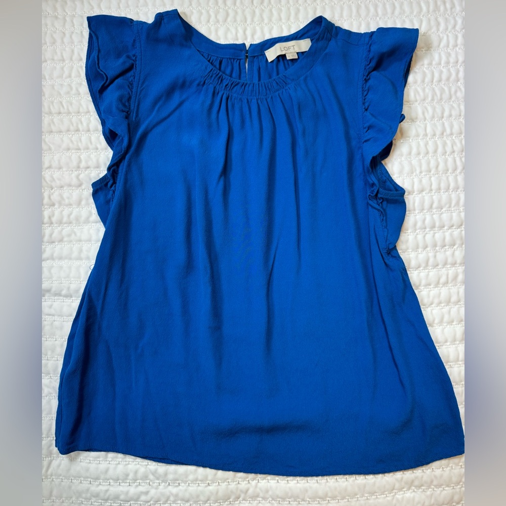 LOFT Blue Ruffle Sleeve Blouse Womens Size M Lightweight Pleated Top